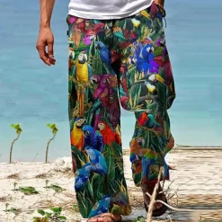 Parrot Tropical Hawaiian Men's Resort 3D Printed Casual Pants Trousers Loose Fit Straight-Leg Elastic Waist Drawstring Polyester Aloha Hawaiian Summer Beach Pants S TO 3XL