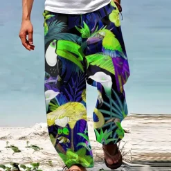 Parrot Tropical Hawaiian Men's Resort 3D Printed Casual Pants Trousers Loose Fit Straight-Leg Elastic Waist Drawstring Polyester Aloha Hawaiian Summer Beach Pants S TO 3XL