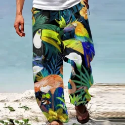 Parrot Tropical Hawaiian Men's Resort 3D Printed Casual Pants Trousers Loose Fit Straight-Leg Elastic Waist Drawstring Polyester Aloha Hawaiian Summer Beach Pants S TO 3XL