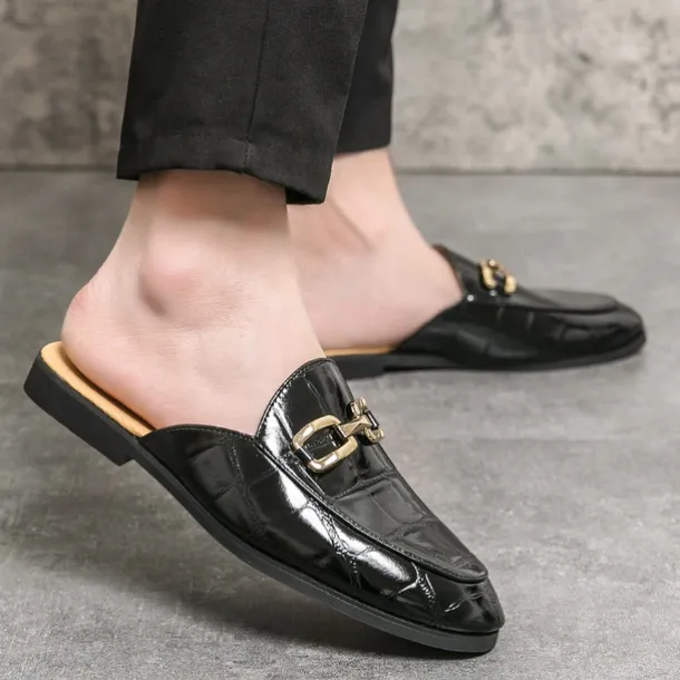 Patent Leather Moccasins for Men - Sophisticated Slip-On with Metal Buckle for Business and Casual Wear