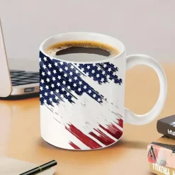 Patriotic American Flag Mug Dripping USA Flag Design White 11oz Coffee Cup Independence Day Veterans Military Gift for Men Women Dad Mom July 4th Christmas