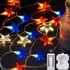 Patriotic 10ft 20LED Star String Lights Decor Independence Day, Fourth of July LED Star Fairy Lights with Remote Control Red White Blue 8 Modes Battery Powered Holiday Home Party Decoration
