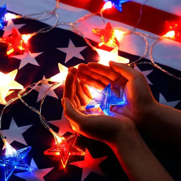 Patriotic 10ft 20LED Star String Lights Decor Independence Day, Fourth of July LED Star Fairy Lights with Remote Control Red White Blue 8 Modes Battery Powered Holiday Home Party Decoration