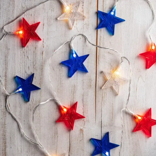 Patriotic 10ft 20LED Star String Lights Decor Independence Day, Fourth of July LED Star Fairy Lights with Remote Control Red White Blue 8 Modes Battery Powered Holiday Home Party Decoration