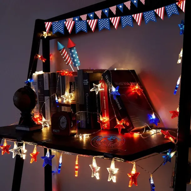 Patriotic 10ft 20LED Star String Lights Decor Independence Day, Fourth of July LED Star Fairy Lights with Remote Control Red White Blue 8 Modes Battery Powered Holiday Home Party Decoration