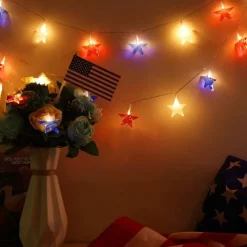 Patriotic 10ft 20LED Star String Lights Decor Independence Day, Fourth of July LED Star Fairy Lights with Remote Control Red White Blue 8 Modes Battery Powered Holiday Home Party Decoration