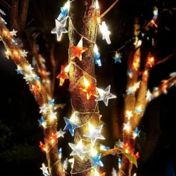 Patriotic 10ft 20LED Star String Lights Decor Independence Day, Fourth of July LED Star Fairy Lights with Remote Control Red White Blue 8 Modes Battery Powered Holiday Home Party Decoration