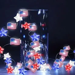 Patriotic LED String Lights Independence Day Decor Lights 2m 20LEDs Battery Powered Fourth of July Stars Fairy Lights Red White Blue Holiday Home Decoration