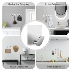 1pc Adhesive Towel Hooks on Wall: Robe Hooks for Hanging Clothes Hats Stick on Bathroom/Kitchen SUS 304 Stainless Steel Silver Black Hooks