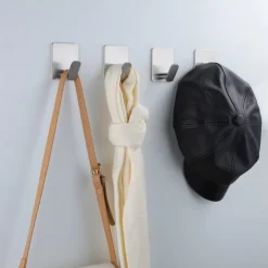 1pc Adhesive Towel Hooks on Wall: Robe Hooks for Hanging Clothes Hats Stick on Bathroom/Kitchen SUS 304 Stainless Steel Silver Black Hooks