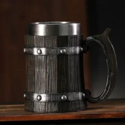 1pc Antique Viking Beer Mug - Wooden Barrel Cup with Stainless Steel Liner - Perfect Gift for Beer Lovers