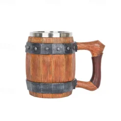 1pc Antique Viking Beer Mug - Wooden Barrel Cup with Stainless Steel Liner - Perfect Gift for Beer Lovers