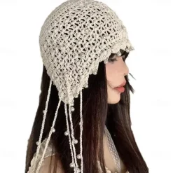 1pc Beige Color Retro Crochet Hollow Out Headband With Pearl And Tassel