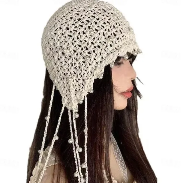 1pc Beige Color Retro Crochet Hollow Out Headband With Pearl And Tassel