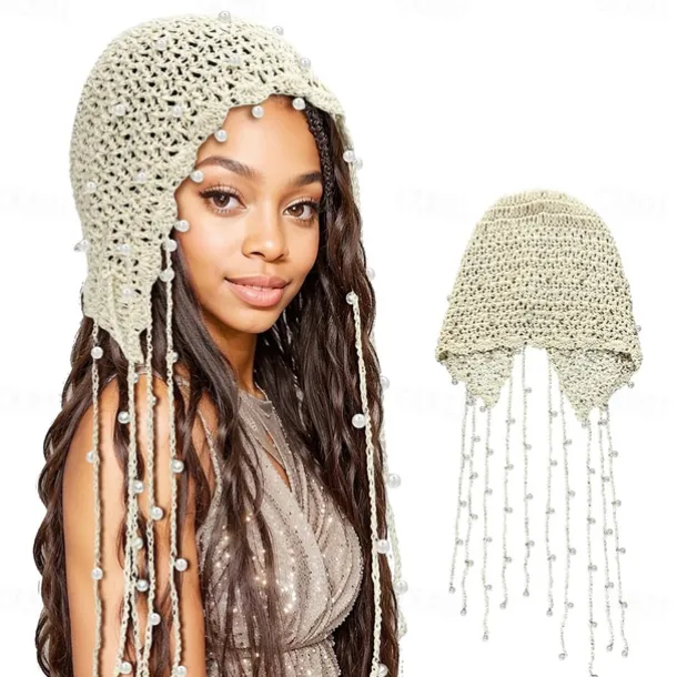 1pc Beige Color Retro Crochet Hollow Out Headband With Pearl And Tassel