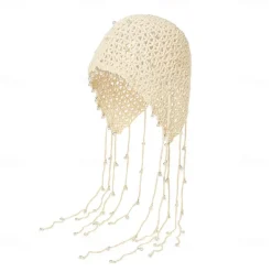 1pc Beige Color Retro Crochet Hollow Out Headband With Pearl And Tassel