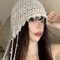 1pc Beige Color Retro Crochet Hollow Out Headband With Pearl And Tassel