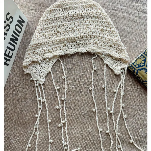 1pc Beige Color Retro Crochet Hollow Out Headband With Pearl And Tassel