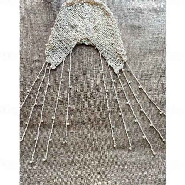1pc Beige Color Retro Crochet Hollow Out Headband With Pearl And Tassel