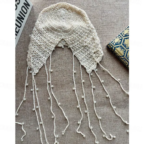1pc Beige Color Retro Crochet Hollow Out Headband With Pearl And Tassel