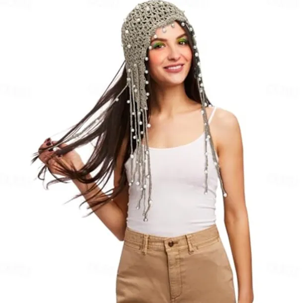 1pc Beige Color Retro Crochet Hollow Out Headband With Pearl And Tassel