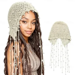 1pc Beige Color Retro Crochet Hollow Out Headband With Pearl And Tassel