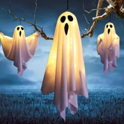 1pc Halloween Decorations Lighted Ghost Hanging Light Porch, Adjustable Arms for Glass Window, Indoor & Outdoor Tree Decor - Festive Atmosphere Decorative Light with 3 Lighting Modes (White & Orange)