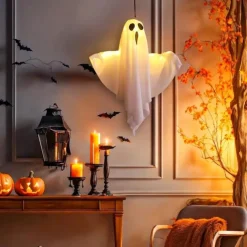 1pc Halloween Decorations Lighted Ghost Hanging Light Porch, Adjustable Arms for Glass Window, Indoor & Outdoor Tree Decor - Festive Atmosphere Decorative Light with 3 Lighting Modes (White & Orange)