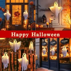1pc Halloween Decorations Lighted Ghost Hanging Light Porch, Adjustable Arms for Glass Window, Indoor & Outdoor Tree Decor - Festive Atmosphere Decorative Light with 3 Lighting Modes (White & Orange)