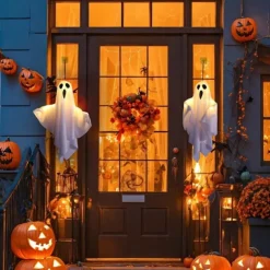 1pc Halloween Decorations Lighted Ghost Hanging Light Porch, Adjustable Arms for Glass Window, Indoor & Outdoor Tree Decor - Festive Atmosphere Decorative Light with 3 Lighting Modes (White & Orange)