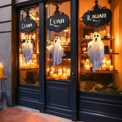 1pc Halloween Decorations Lighted Ghost Hanging Light Porch, Adjustable Arms for Glass Window, Indoor & Outdoor Tree Decor - Festive Atmosphere Decorative Light with 3 Lighting Modes (White & Orange)