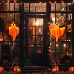 1pc Halloween Decorations Lighted Ghost Hanging Light Porch, Adjustable Arms for Glass Window, Indoor & Outdoor Tree Decor - Festive Atmosphere Decorative Light with 3 Lighting Modes (White & Orange)