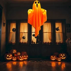 1pc Halloween Decorations Lighted Ghost Hanging Light Porch, Adjustable Arms for Glass Window, Indoor & Outdoor Tree Decor - Festive Atmosphere Decorative Light with 3 Lighting Modes (White & Orange)
