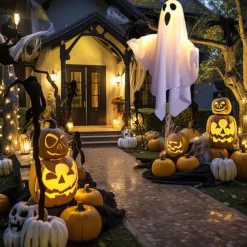 1pc Halloween Decorations Lighted Ghost Hanging Light Porch, Adjustable Arms for Glass Window, Indoor & Outdoor Tree Decor - Festive Atmosphere Decorative Light with 3 Lighting Modes (White & Orange)