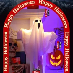 1pc Halloween Decorations Lighted Ghost Hanging Light Porch, Adjustable Arms for Glass Window, Indoor & Outdoor Tree Decor - Festive Atmosphere Decorative Light with 3 Lighting Modes (White & Orange)