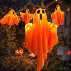 1pc Halloween Decorations Lighted Ghost Hanging Light Porch, Adjustable Arms for Glass Window, Indoor & Outdoor Tree Decor - Festive Atmosphere Decorative Light with 3 Lighting Modes (White & Orange)
