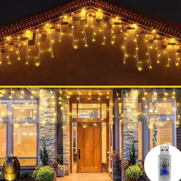 1Pc 4M 96Led Icicle Christmas String Light, USB Plug in with 8 Modes, Waterproof Light for Xmas Indoor Outdoor Party Decor