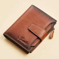 1pc Men's Genuine Leather Wallet Vintage Short Multi Function ID Card Holder RFID Blocking Zipper Coin Pocket Billfold Give Gifts To Men On Valentine's Day