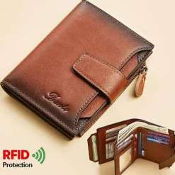 1pc Men's Genuine Leather Wallet Vintage Short Multi Function ID Card Holder RFID Blocking Zipper Coin Pocket Billfold Give Gifts To Men On Valentine's Day
