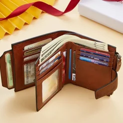 1pc Men's Genuine Leather Wallet Vintage Short Multi Function ID Card Holder RFID Blocking Zipper Coin Pocket Billfold Give Gifts To Men On Valentine's Day