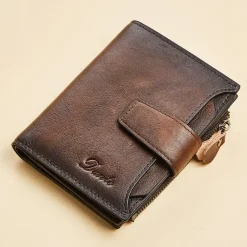 1pc Men's Genuine Leather Wallet Vintage Short Multi Function ID Card Holder RFID Blocking Zipper Coin Pocket Billfold Give Gifts To Men On Valentine's Day