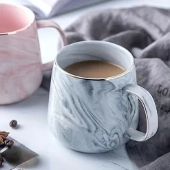 1pc Nordic Marble Pattern Insulated Coffee Cup with Golden Edge - Creative Ceramic Mug for Couples