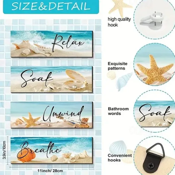 1pc Ocean Beach Bathroom Wall Decor Wooden Relax Soak Relax Breathe Wall Art Bathroom Sign Hanging Seashell Starfish Wooden Sign Room Decor Scene Decor Bedroom Decor Entrance Decor Wall Beauti