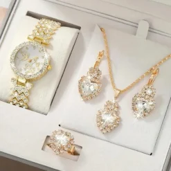 1pc Rhinestone Decor Quartz Watch Elegant Round Pointer Analog Wristwatch & 4pcs Jewelry Set, Gift For Mom/Girlfriend
