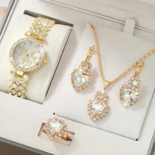 1pc Rhinestone Decor Quartz Watch Elegant Round Pointer Analog Wristwatch & 4pcs Jewelry Set, Gift For Mom/Girlfriend