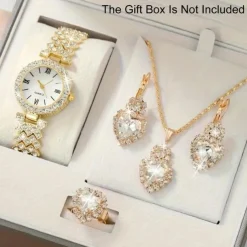 1pc Rhinestone Decor Quartz Watch Elegant Round Pointer Analog Wristwatch & 4pcs Jewelry Set, Gift For Mom/Girlfriend