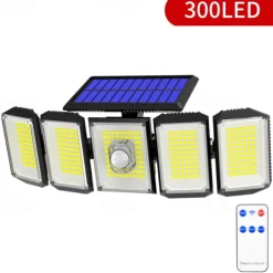 1PC Solar Wall Lamp with Remote Control, Outdoor Solar Projection Light, 5-head Solar 300LED Light, Outdoor Motion Sensor Waterproof Wide-angle Lighting Wall Lamp, Garden Courtyard Street Lamp