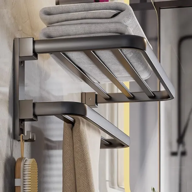 1pc Towel Rack For Bathroom, Folding Multi-layer Towel Bar, Wall Mounted Towel Holder, Bathroom Towel Hanger With Hook, Bathroom Storage And Organization, Bathroom Accessories