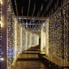 2pcs 3*3 m 300 LEDs 31V low Voltage Curtain String Lights Warm White White 8-Mode New Design Wedding Christmas Wedding Decoration No Electric Shock Safer Garden Courtyard Decoration Lamp