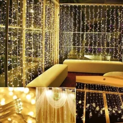 2pcs 3*3 m 300 LEDs 31V low Voltage Curtain String Lights Warm White White 8-Mode New Design Wedding Christmas Wedding Decoration No Electric Shock Safer Garden Courtyard Decoration Lamp